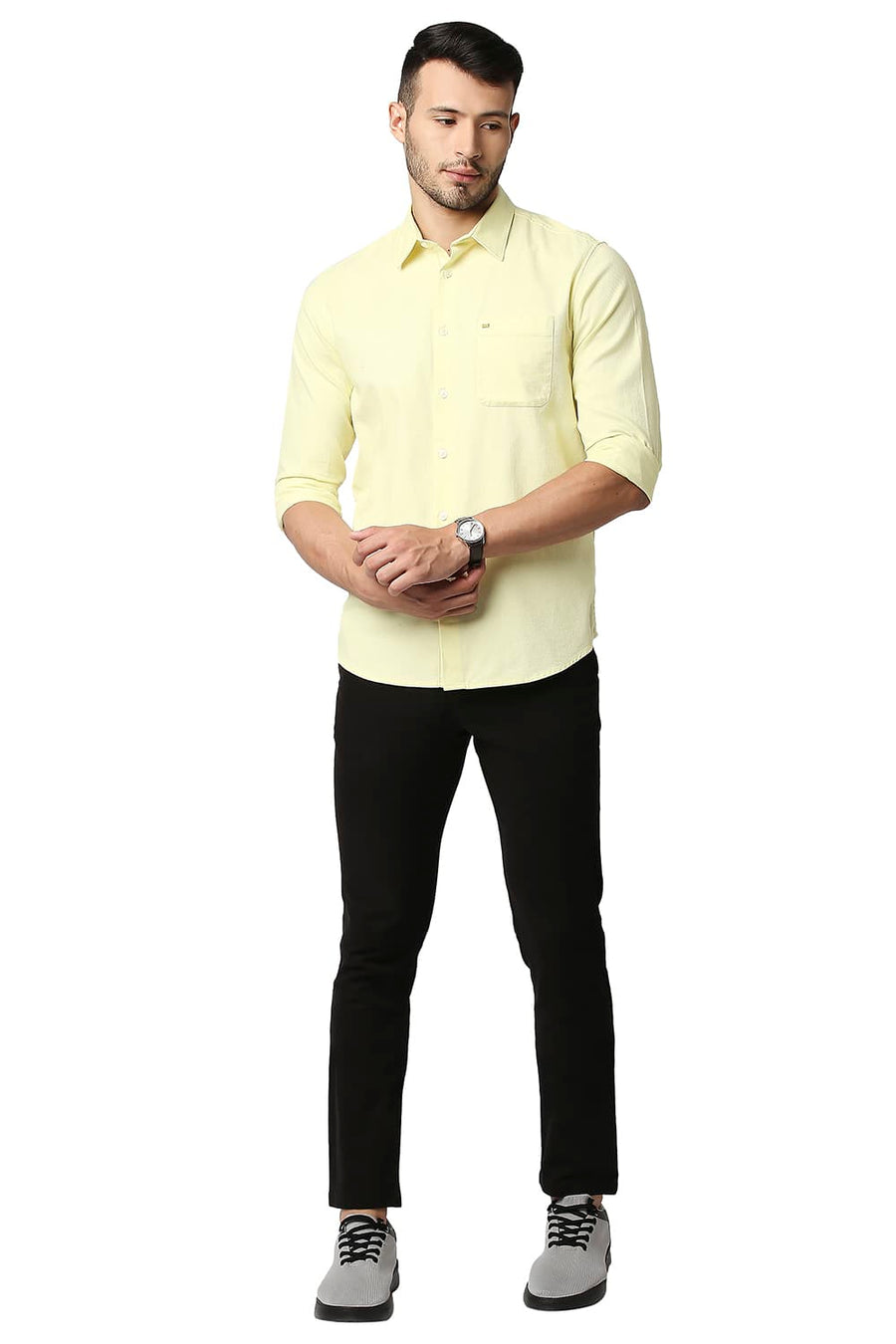 BASICS SLIM FIT TENDER YELLOW DOBBY SHIRT