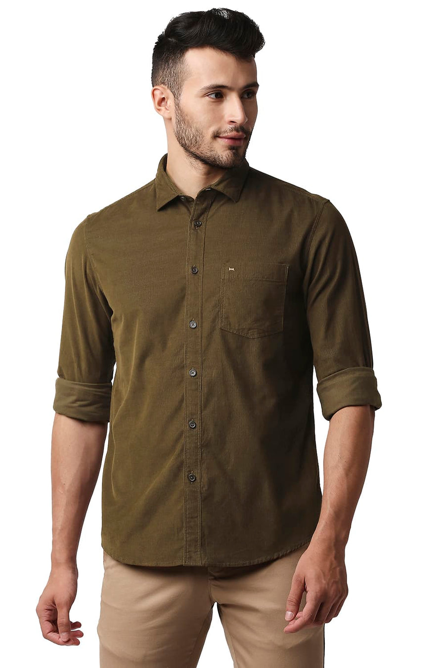 BASICS SLIM FIT TOFFEE BROWN CORDUROY SHIRT