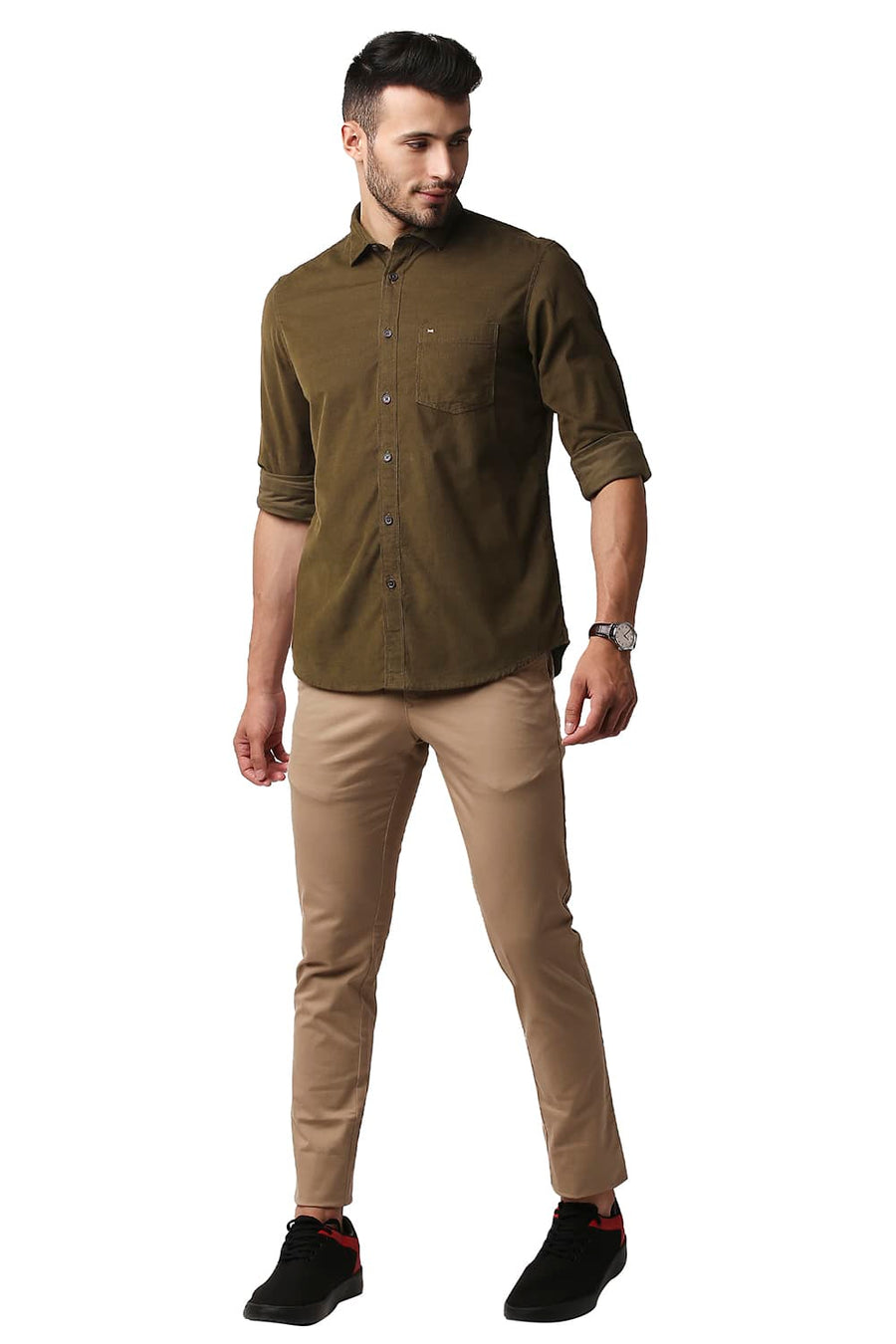 BASICS SLIM FIT TOFFEE BROWN CORDUROY SHIRT