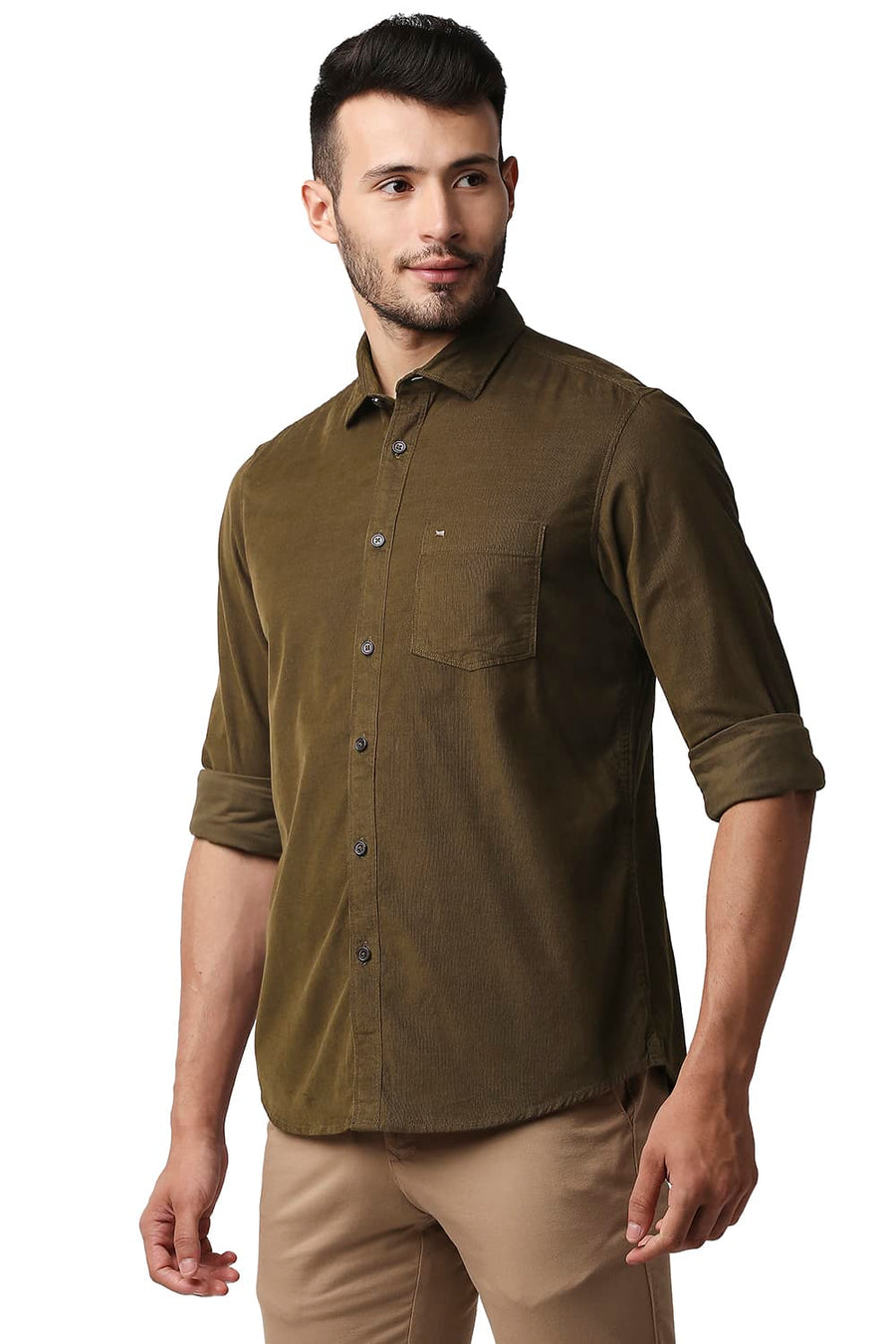 BASICS SLIM FIT TOFFEE BROWN CORDUROY SHIRT