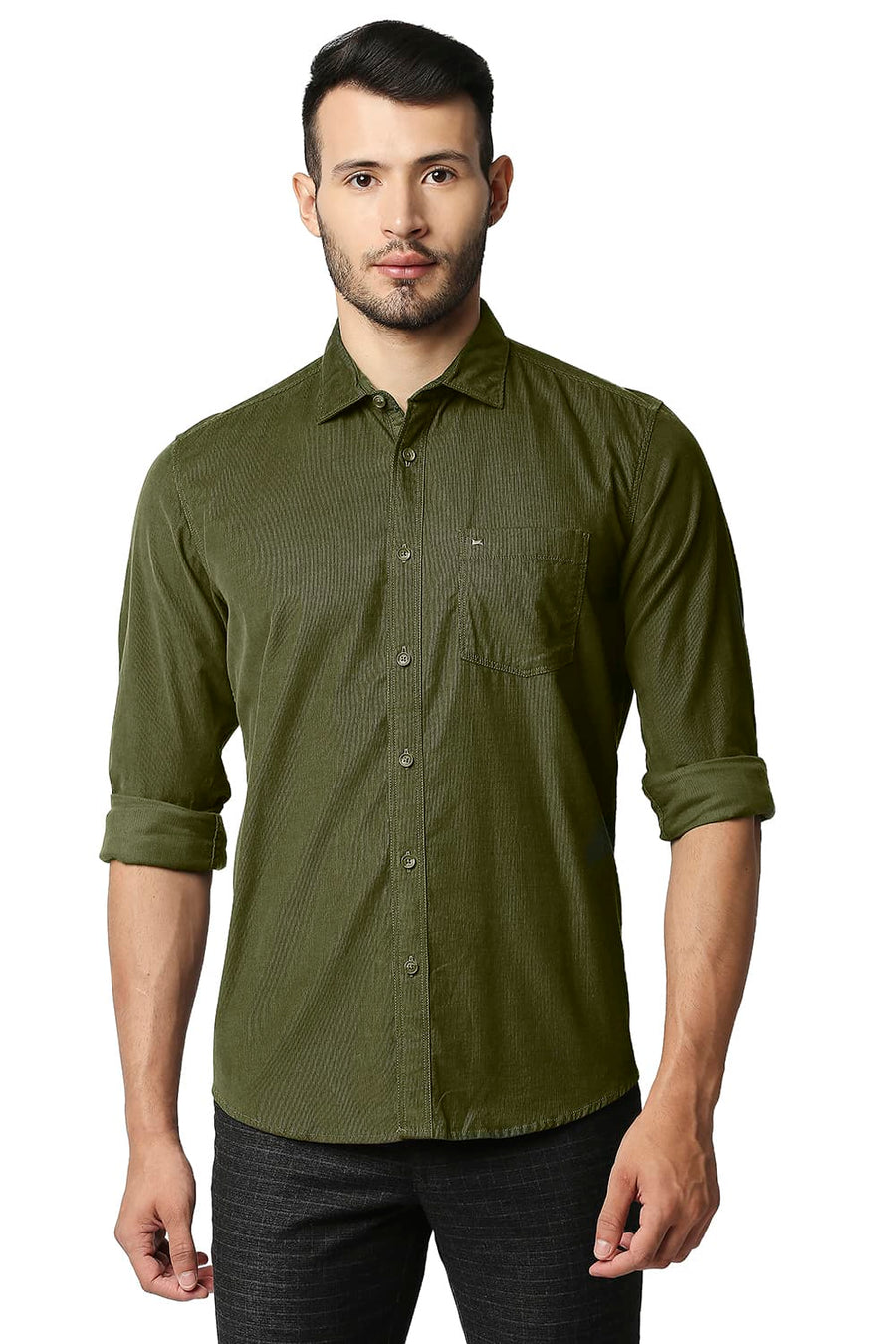 BASICS SLIM FIT RACING OLIVE CORDUROY SHIRT