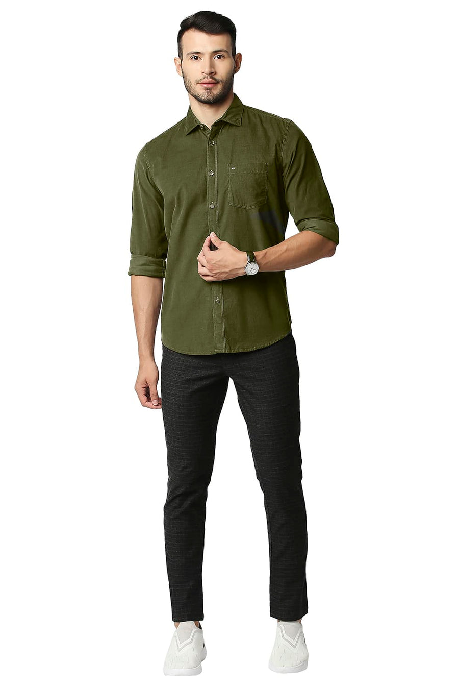 BASICS SLIM FIT RACING OLIVE CORDUROY SHIRT