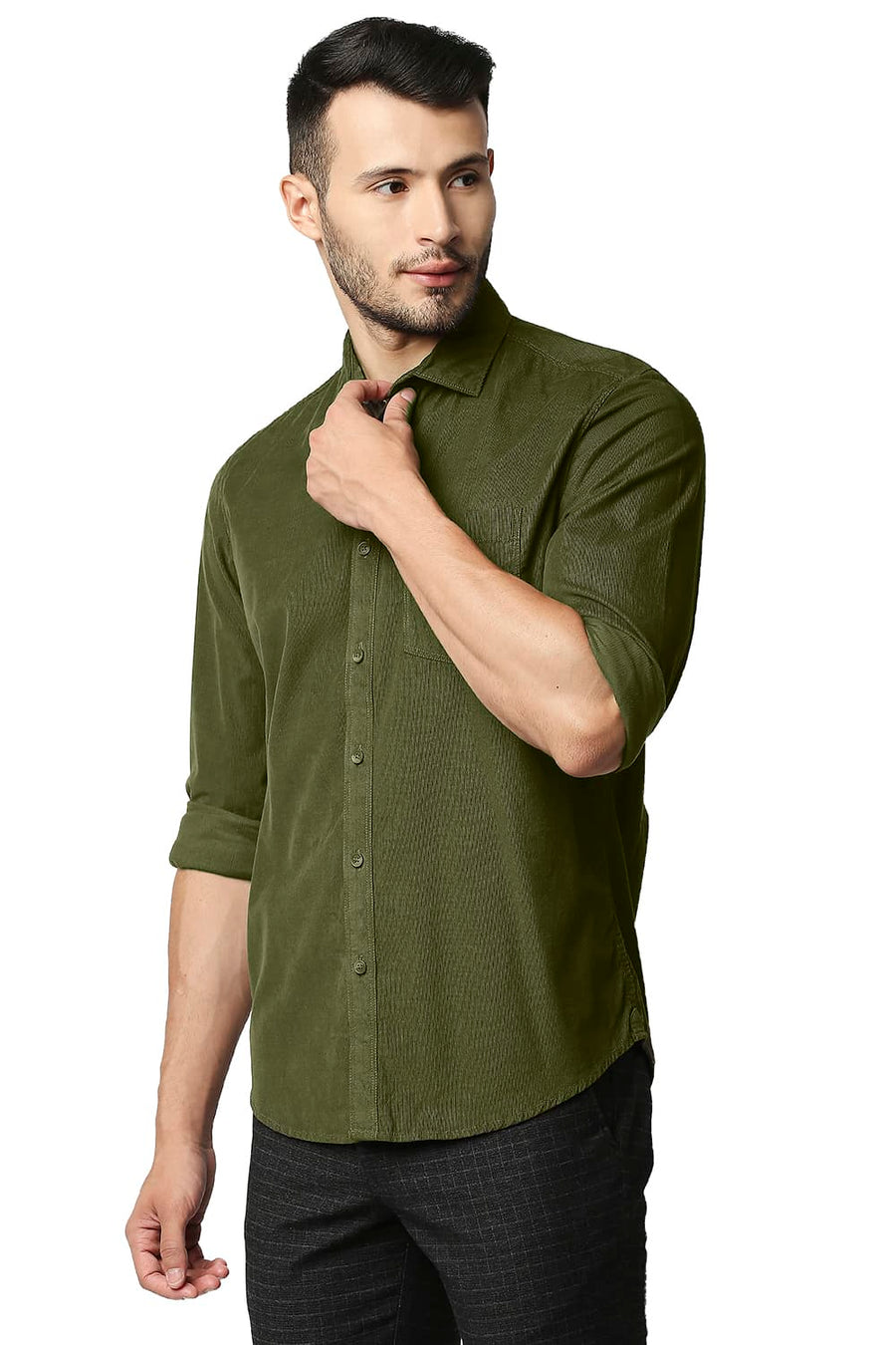 BASICS SLIM FIT RACING OLIVE CORDUROY SHIRT