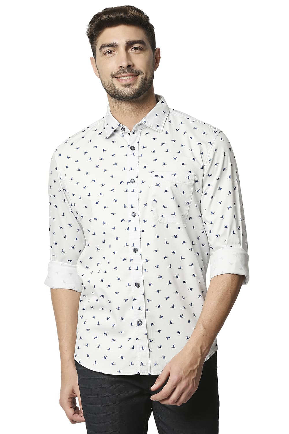 BASICS SLIM FIT TWILL LYCRA PRINTED SHIRT