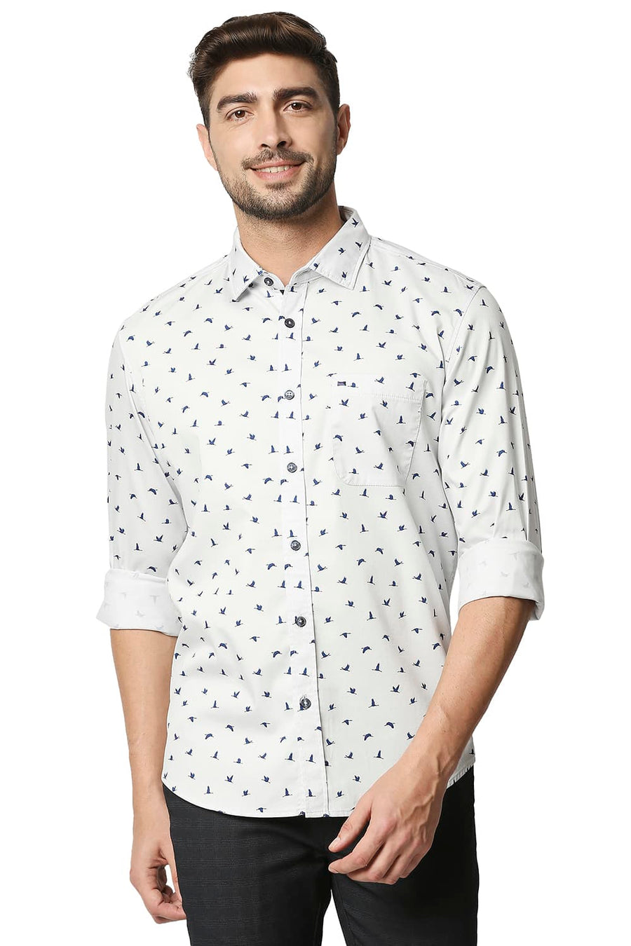 BASICS SLIM FIT ICE GREY TWILL LYCRA PRINTED SHIRT