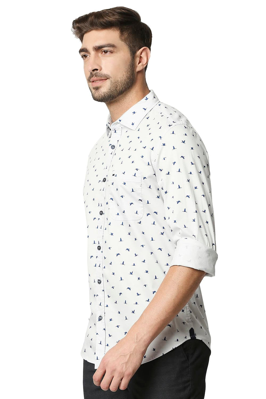 BASICS SLIM FIT ICE GREY TWILL LYCRA PRINTED SHIRT