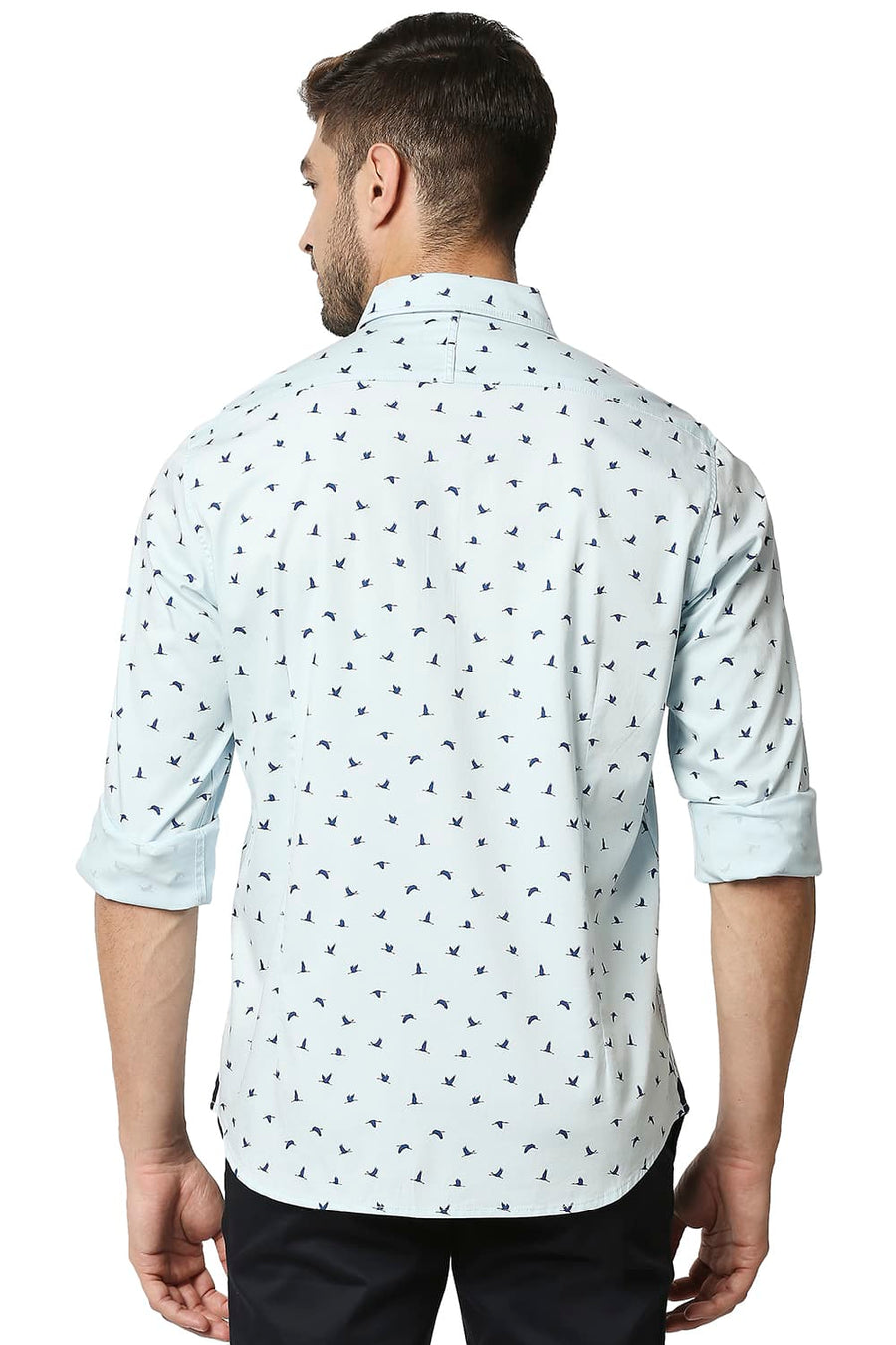 BASICS SLIM FIT CRYSTAL BLUE TWILL LYCRA PRINTED SHIRT