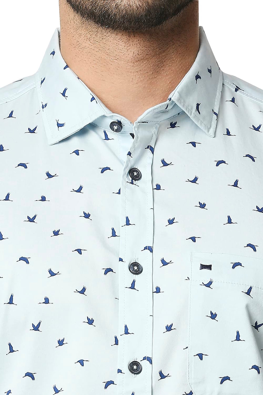 BASICS SLIM FIT CRYSTAL BLUE TWILL LYCRA PRINTED SHIRT