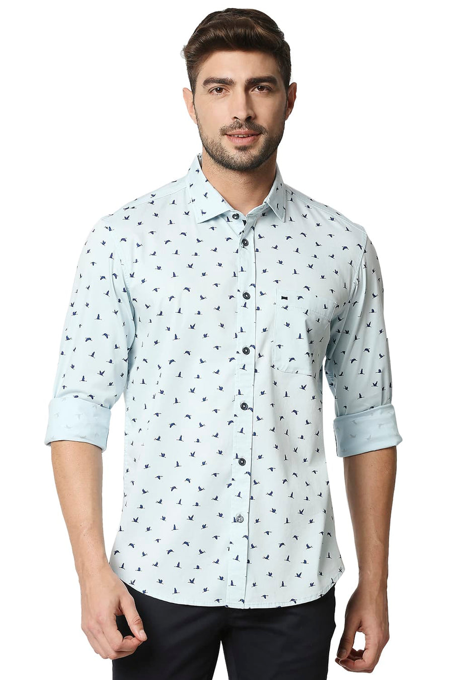 BASICS SLIM FIT CRYSTAL BLUE TWILL LYCRA PRINTED SHIRT