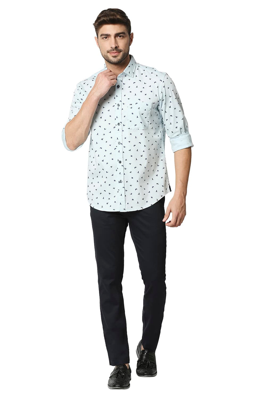 BASICS SLIM FIT CRYSTAL BLUE TWILL LYCRA PRINTED SHIRT