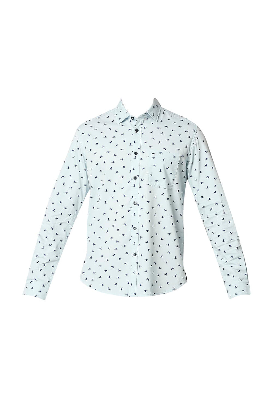 BASICS SLIM FIT CRYSTAL BLUE TWILL LYCRA PRINTED SHIRT