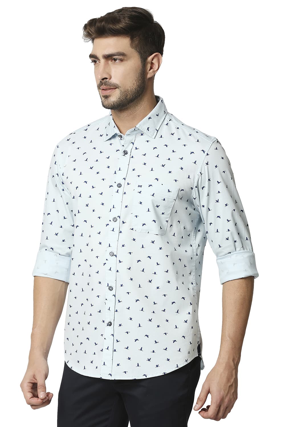 BASICS SLIM FIT TWILL LYCRA PRINTED SHIRT