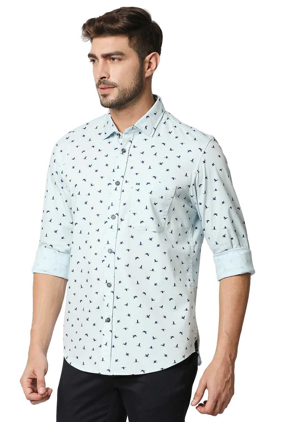 BASICS SLIM FIT CRYSTAL BLUE TWILL LYCRA PRINTED SHIRT