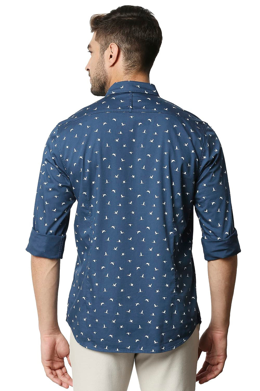 BASICS SLIM FIT MIDNIGHT BLUE TWILL LYCRA PRINTED SHIRT