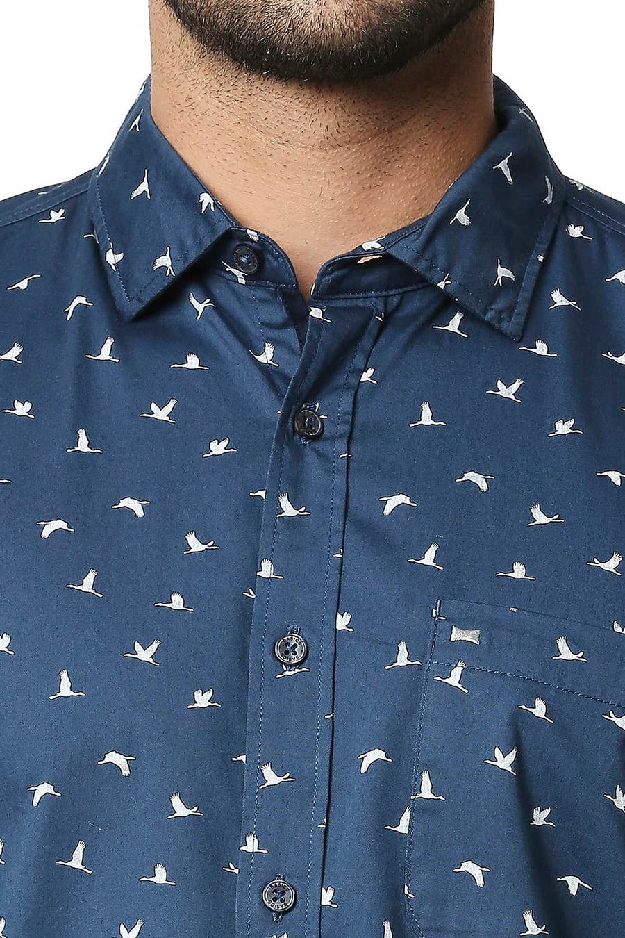 BASICS SLIM FIT MIDNIGHT BLUE TWILL LYCRA PRINTED SHIRT