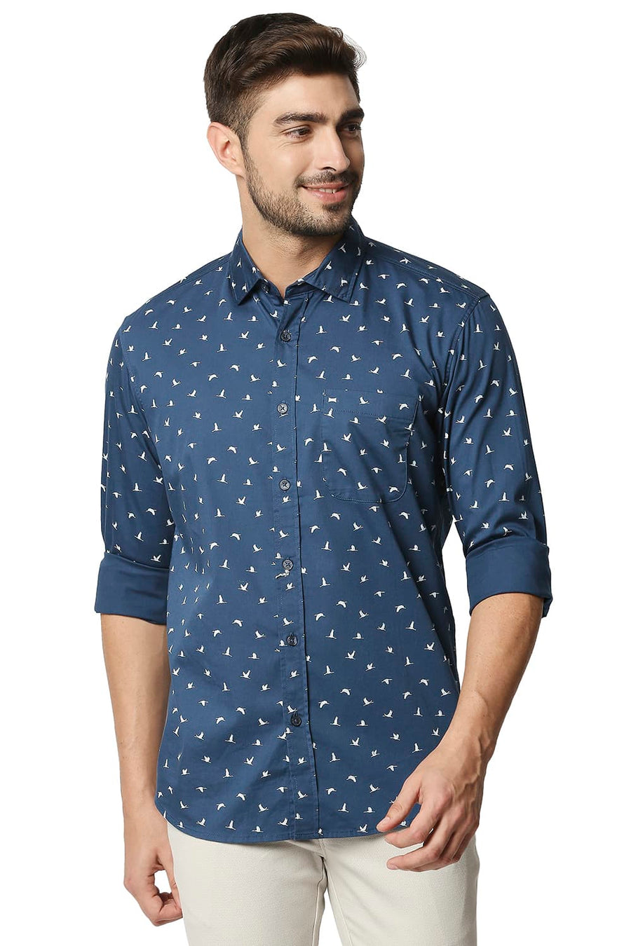 BASICS SLIM FIT MIDNIGHT BLUE TWILL LYCRA PRINTED SHIRT
