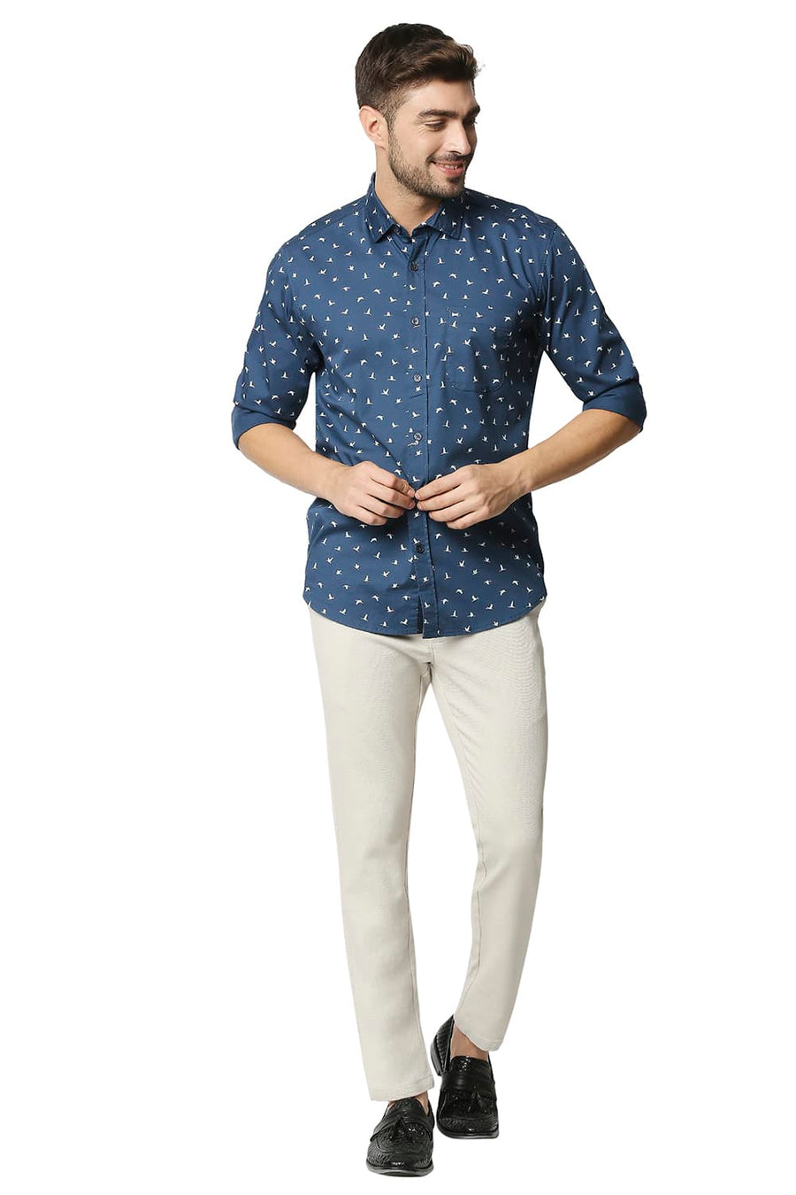 BASICS SLIM FIT MIDNIGHT BLUE TWILL LYCRA PRINTED SHIRT