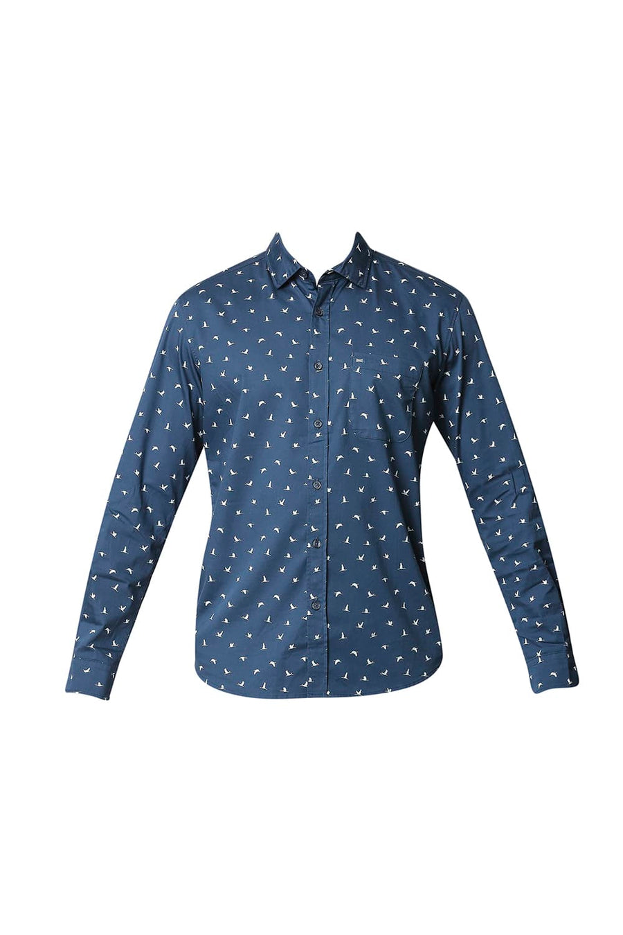 BASICS SLIM FIT MIDNIGHT BLUE TWILL LYCRA PRINTED SHIRT