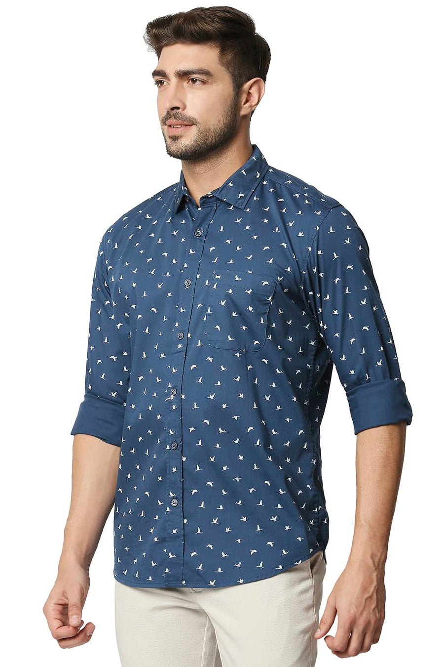 BASICS SLIM FIT MIDNIGHT BLUE TWILL LYCRA PRINTED SHIRT