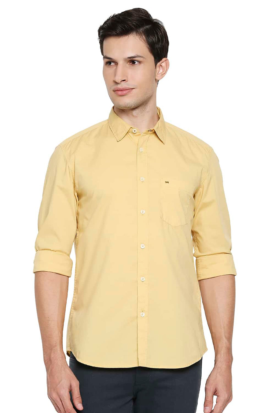 BASICS SLIM FIT SAHARA YELLOW POPLIN STRETCH SHIRT