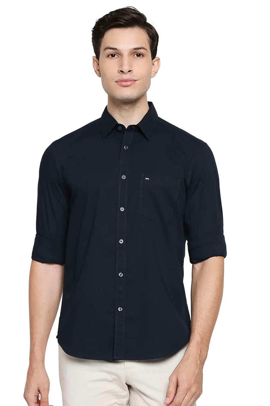BASICS SLIM FIT NAVY NIGHT POPLIN STRETCH SHIRT