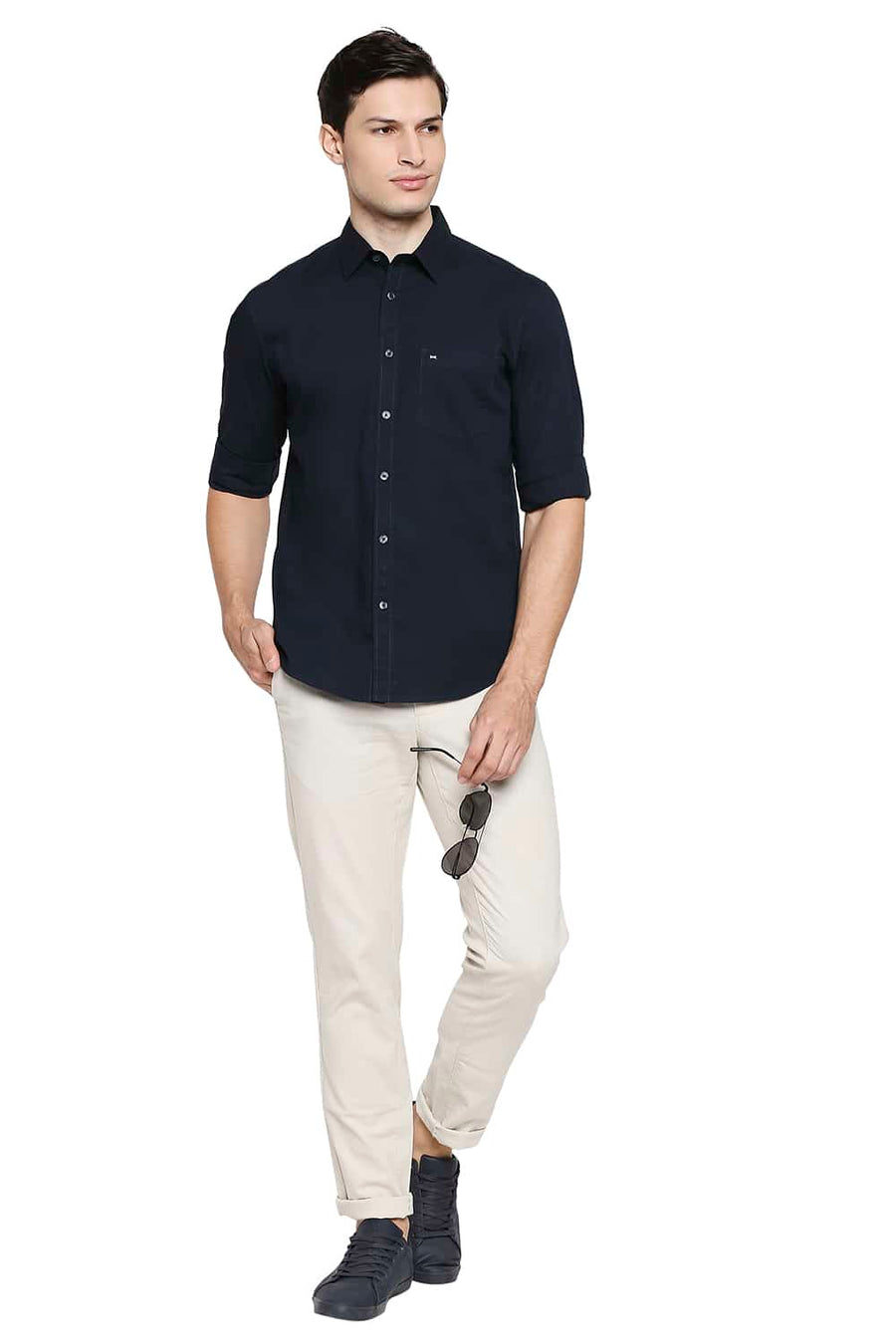 BASICS SLIM FIT NAVY NIGHT POPLIN STRETCH SHIRT