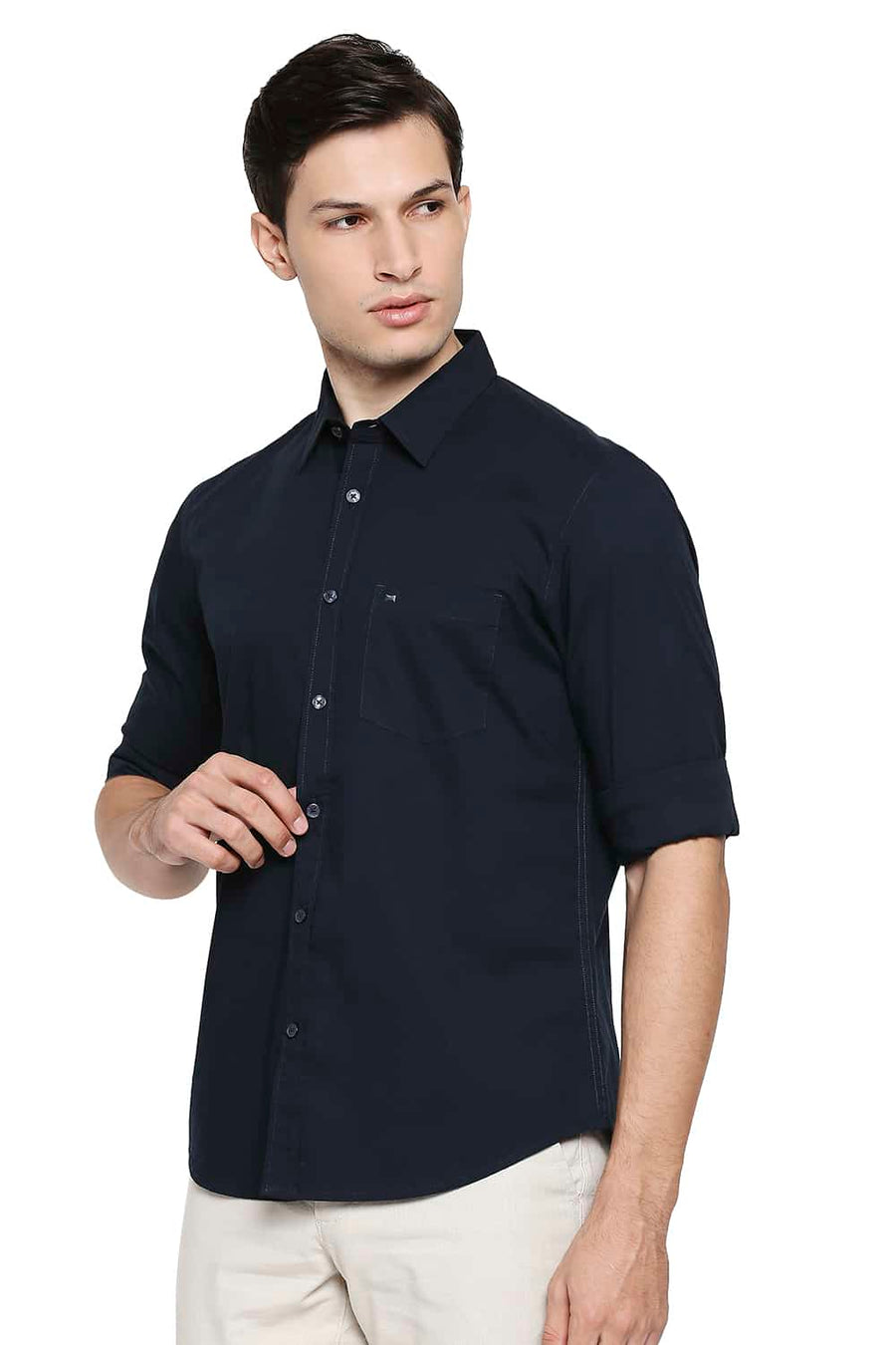 BASICS SLIM FIT NAVY NIGHT POPLIN STRETCH SHIRT