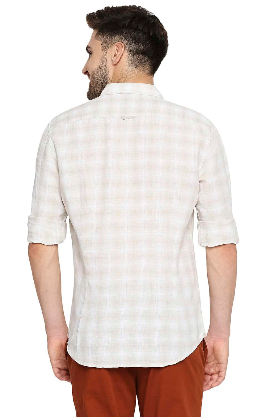 BASICS SLIM FIT ARCTIC BEIGE COTTON LINEN CHECKS SHIRT