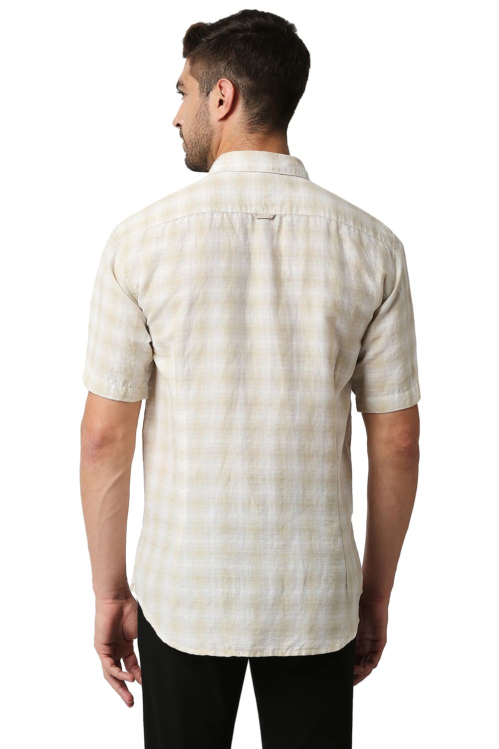 BASICS SLIM FIT COTTON LINEN CHECKS HALFSLEEVES SHIRT