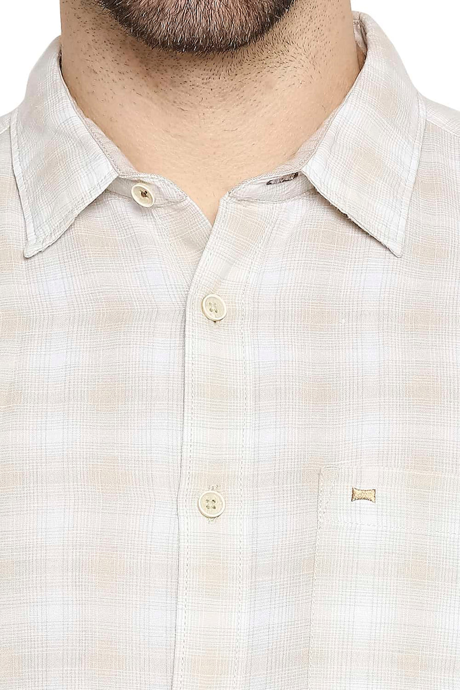 BASICS SLIM FIT ARCTIC BEIGE COTTON LINEN CHECKS SHIRT