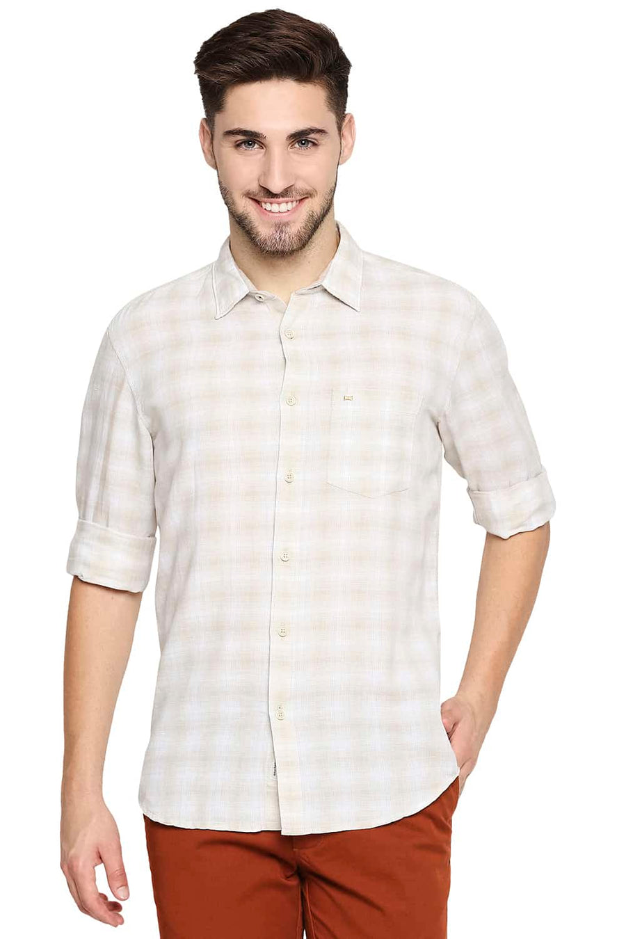 BASICS SLIM FIT ARCTIC BEIGE COTTON LINEN CHECKS SHIRT