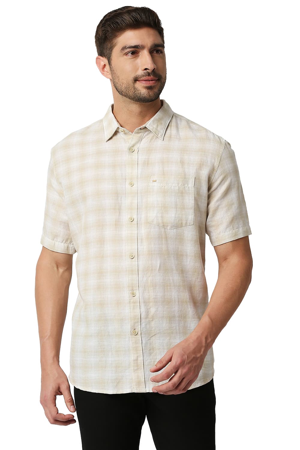 BASICS SLIM FIT COTTON LINEN CHECKS SHIRT