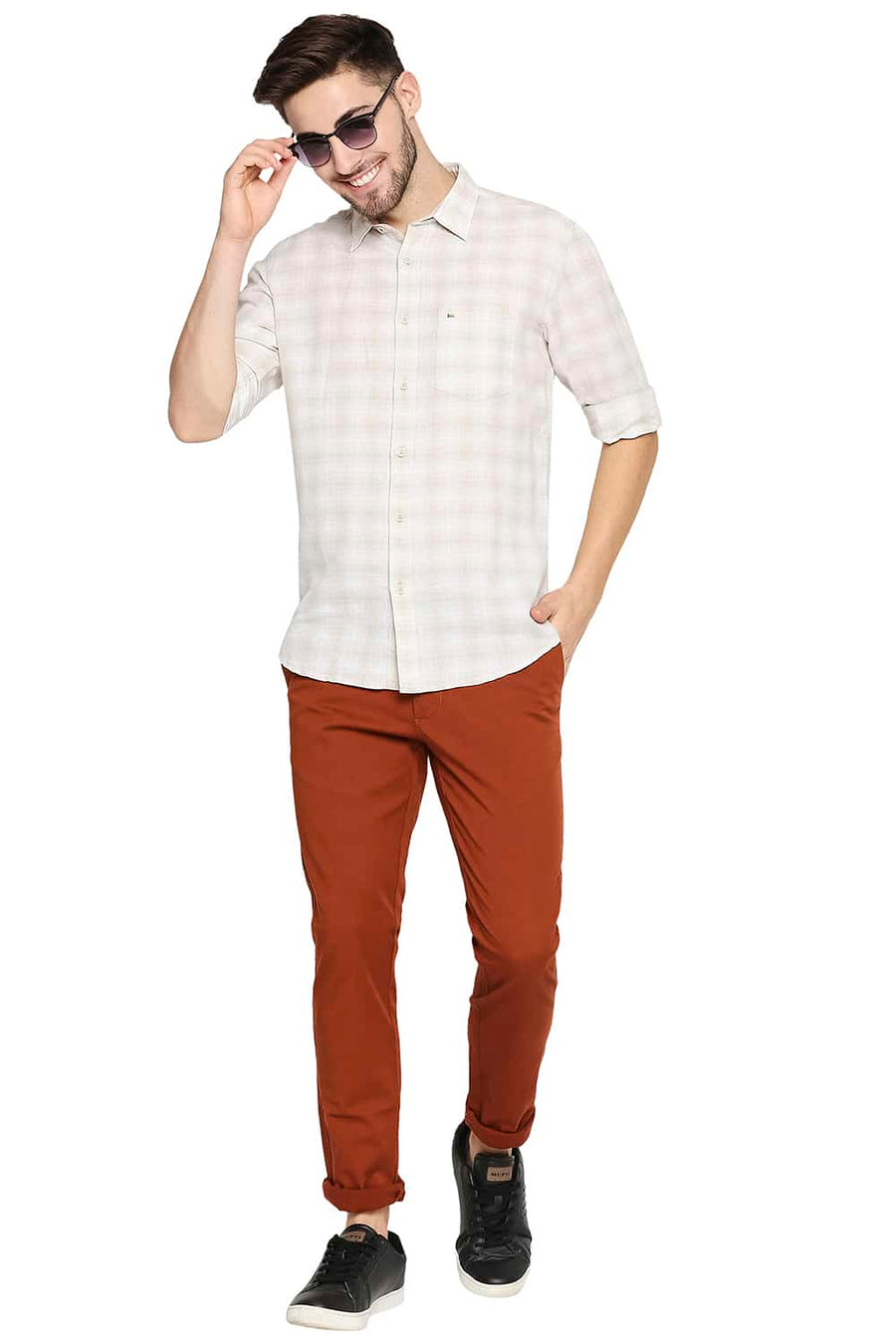 BASICS SLIM FIT ARCTIC BEIGE COTTON LINEN CHECKS SHIRT