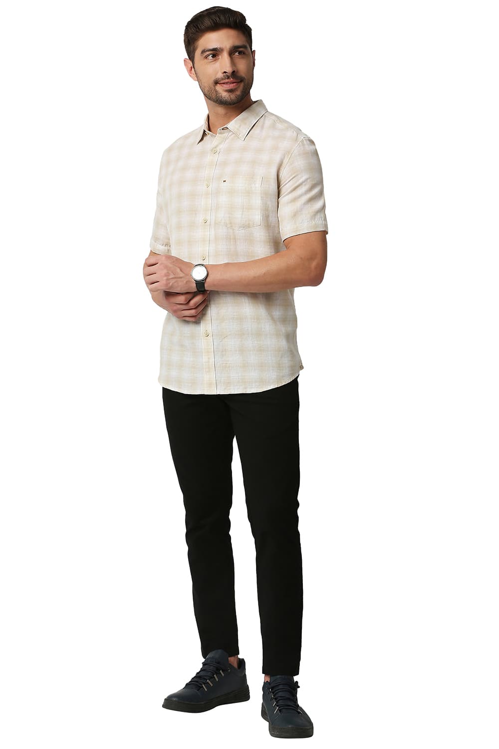 BASICS SLIM FIT COTTON LINEN CHECKS HALFSLEEVES SHIRT