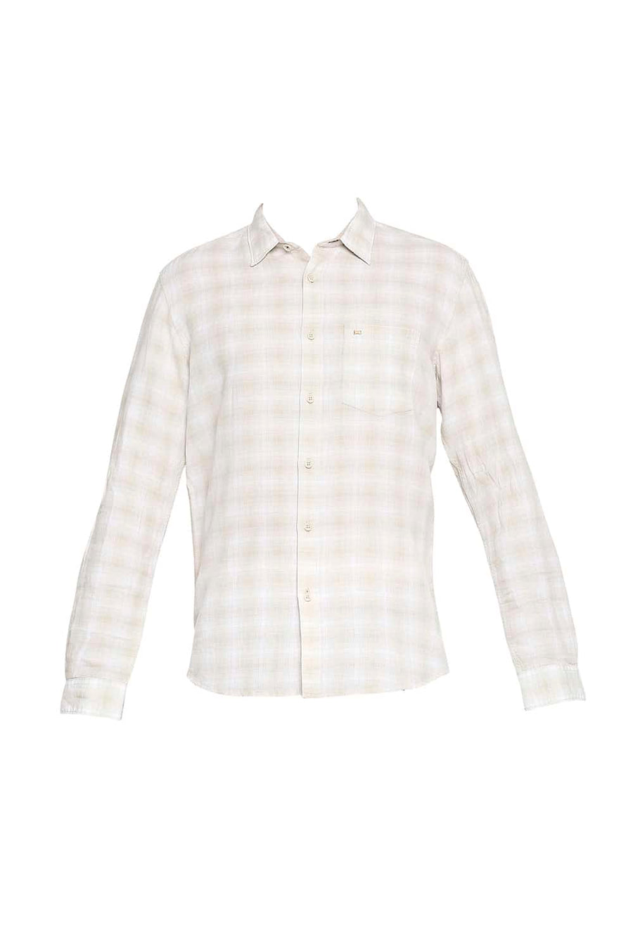 BASICS SLIM FIT ARCTIC BEIGE COTTON LINEN CHECKS SHIRT