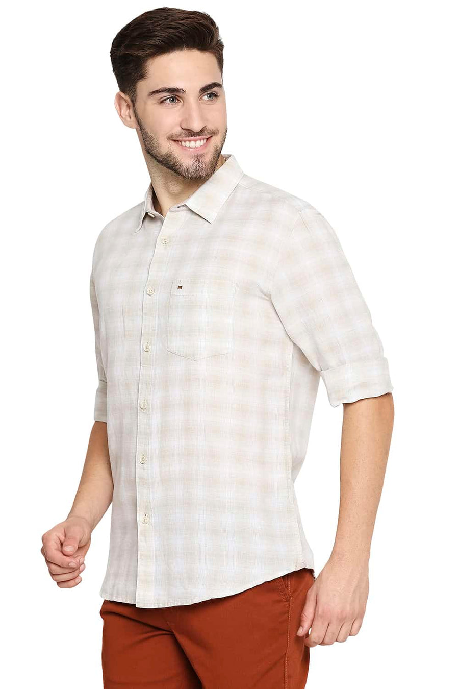 BASICS SLIM FIT ARCTIC BEIGE COTTON LINEN CHECKS SHIRT
