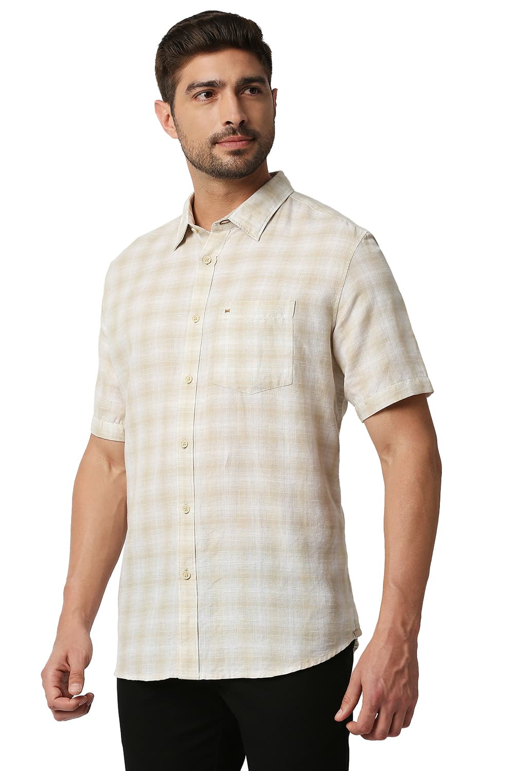 BASICS SLIM FIT COTTON LINEN CHECKS HALFSLEEVES SHIRT