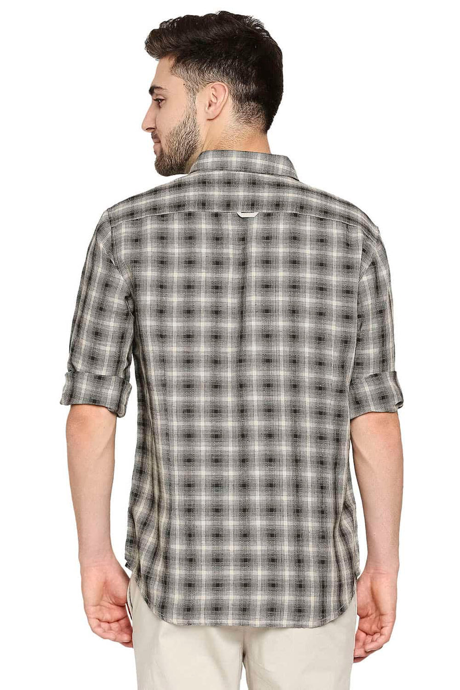 BASICS SLIM FIT CROCODILE GREEN COTTON LINEN CHECKS SHIRT