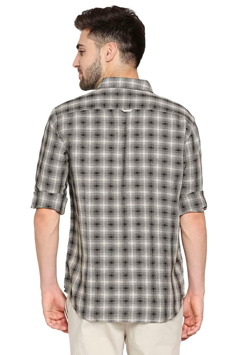 BASICS SLIM FIT COTTON LINEN CHECKS SHIRT