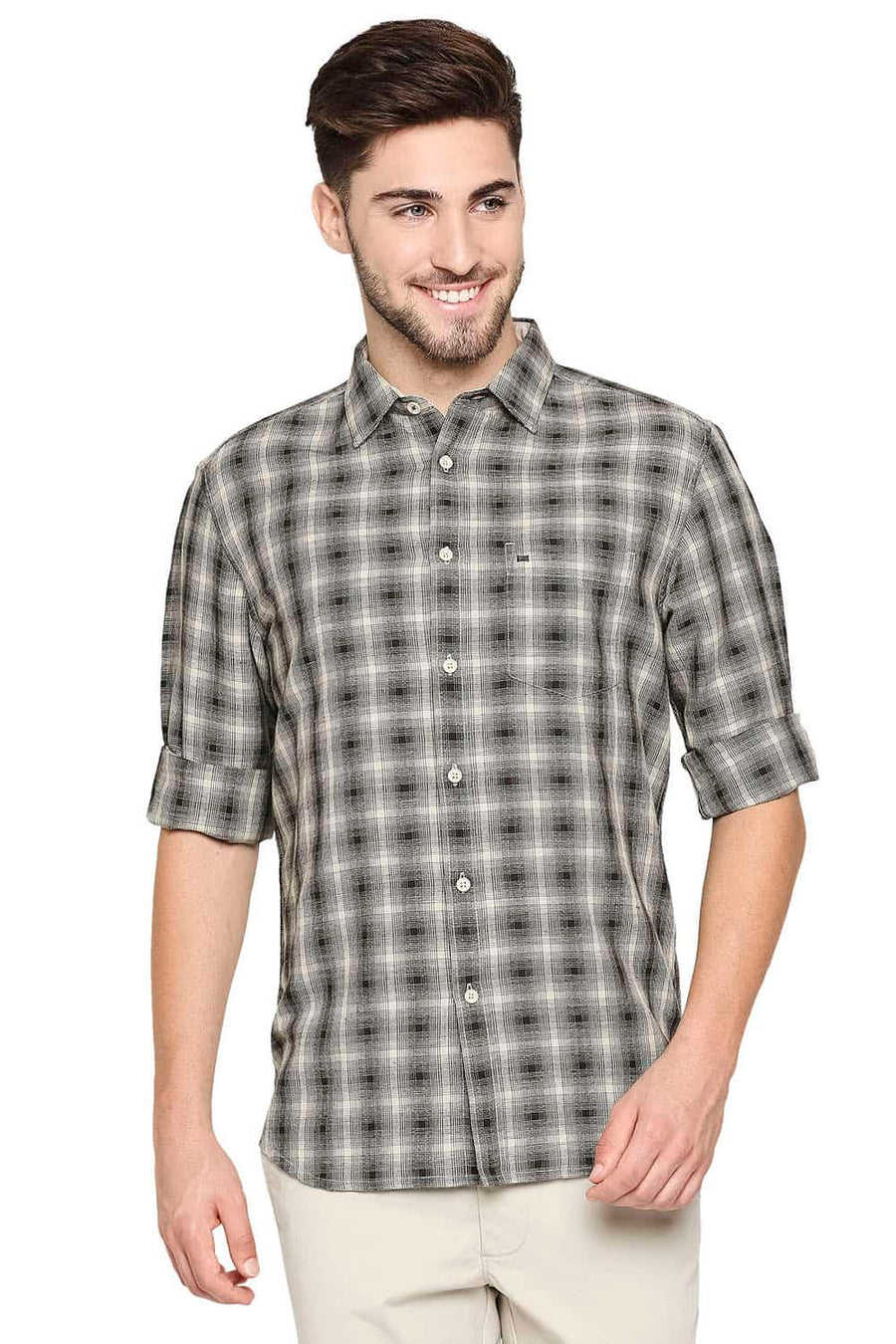 BASICS SLIM FIT CROCODILE GREEN COTTON LINEN CHECKS SHIRT