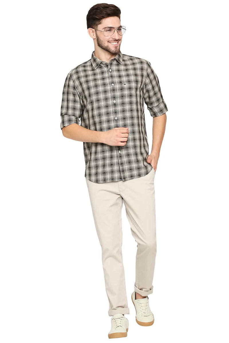 BASICS SLIM FIT COTTON LINEN CHECKS SHIRT