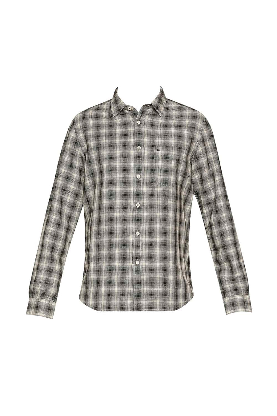 BASICS SLIM FIT CROCODILE GREEN COTTON LINEN CHECKS SHIRT