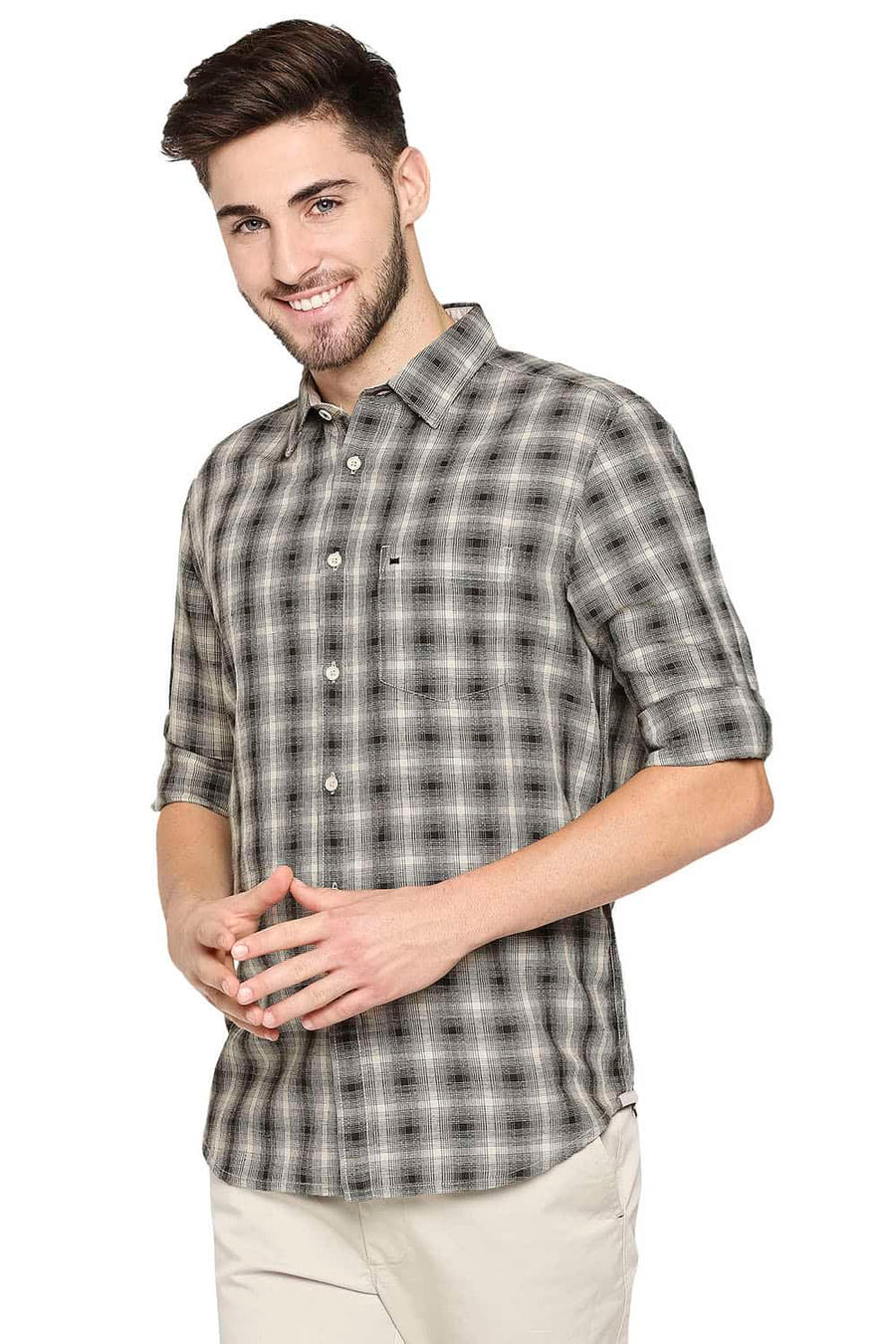 BASICS SLIM FIT CROCODILE GREEN COTTON LINEN CHECKS SHIRT