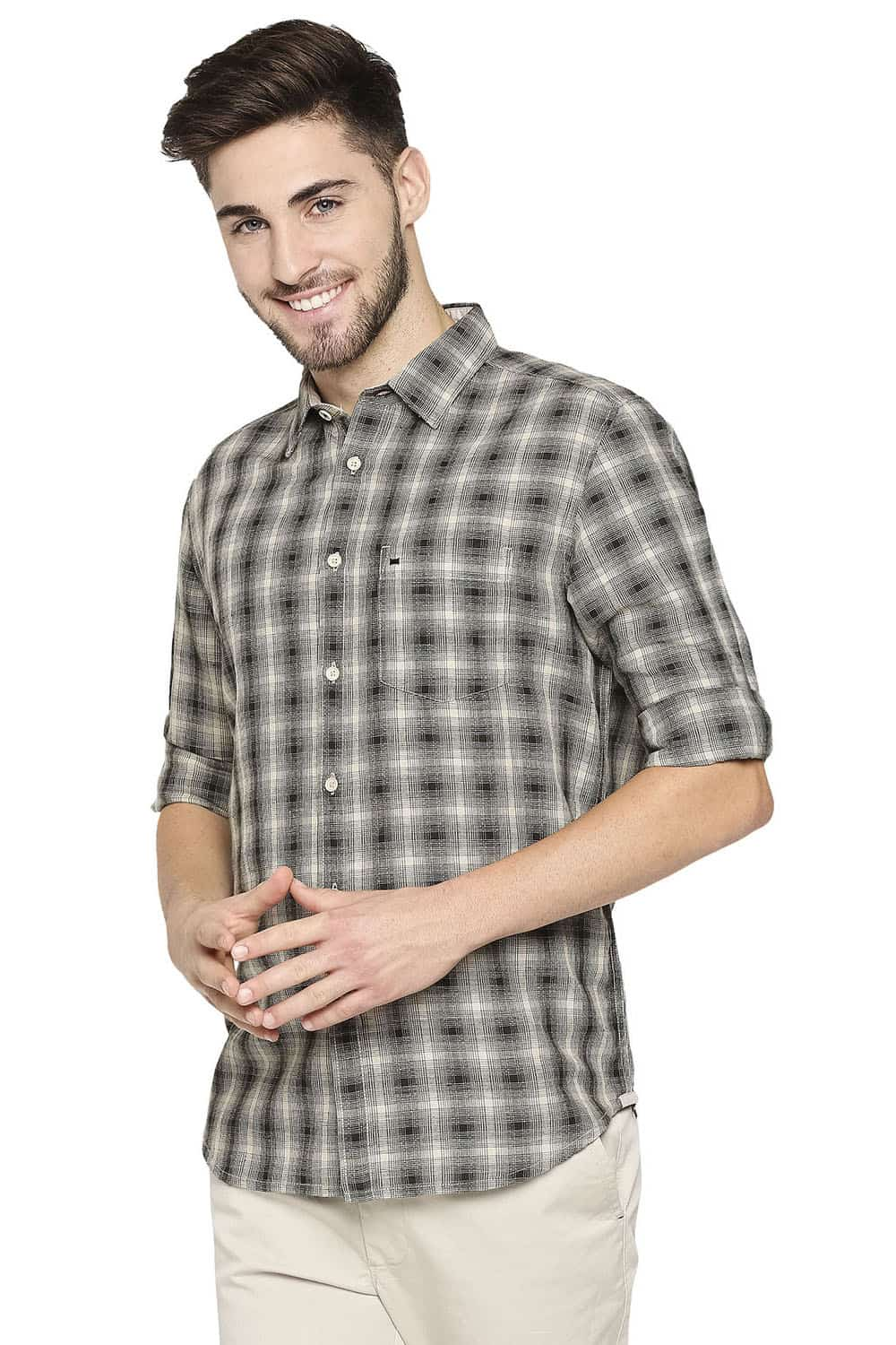 BASICS SLIM FIT COTTON LINEN CHECKS SHIRT