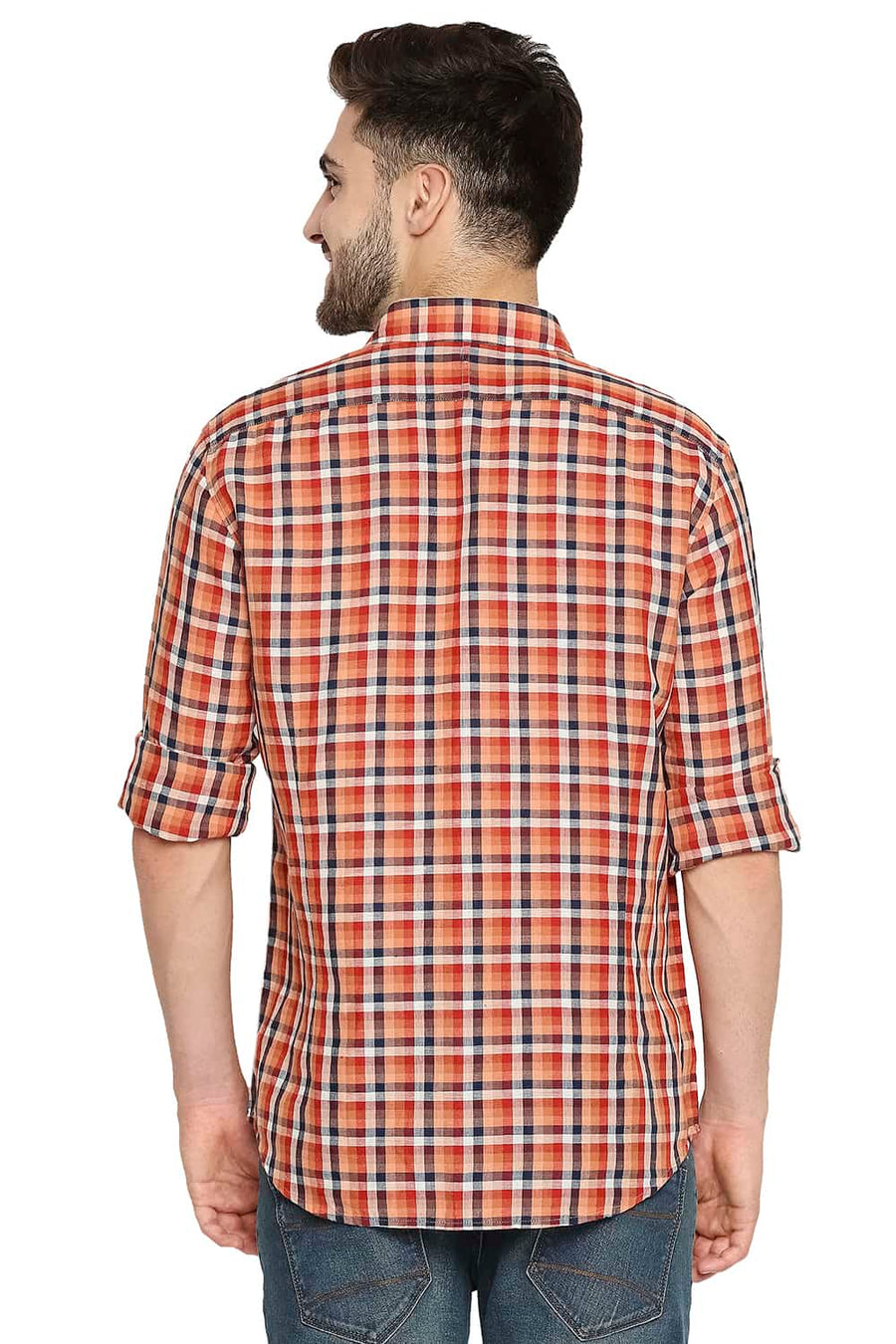 BASICS SLIM FIT CINNAMON ORANGE COTTON LINEN CHECKS SHIRT