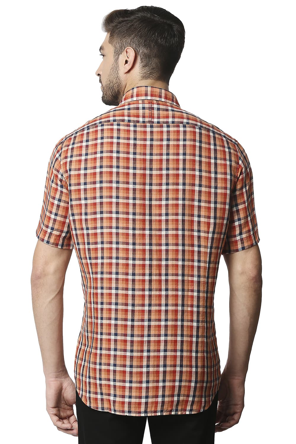 BASICS SLIM FIT COTTON LINEN CHECKS HALFSLEEVES SHIRT