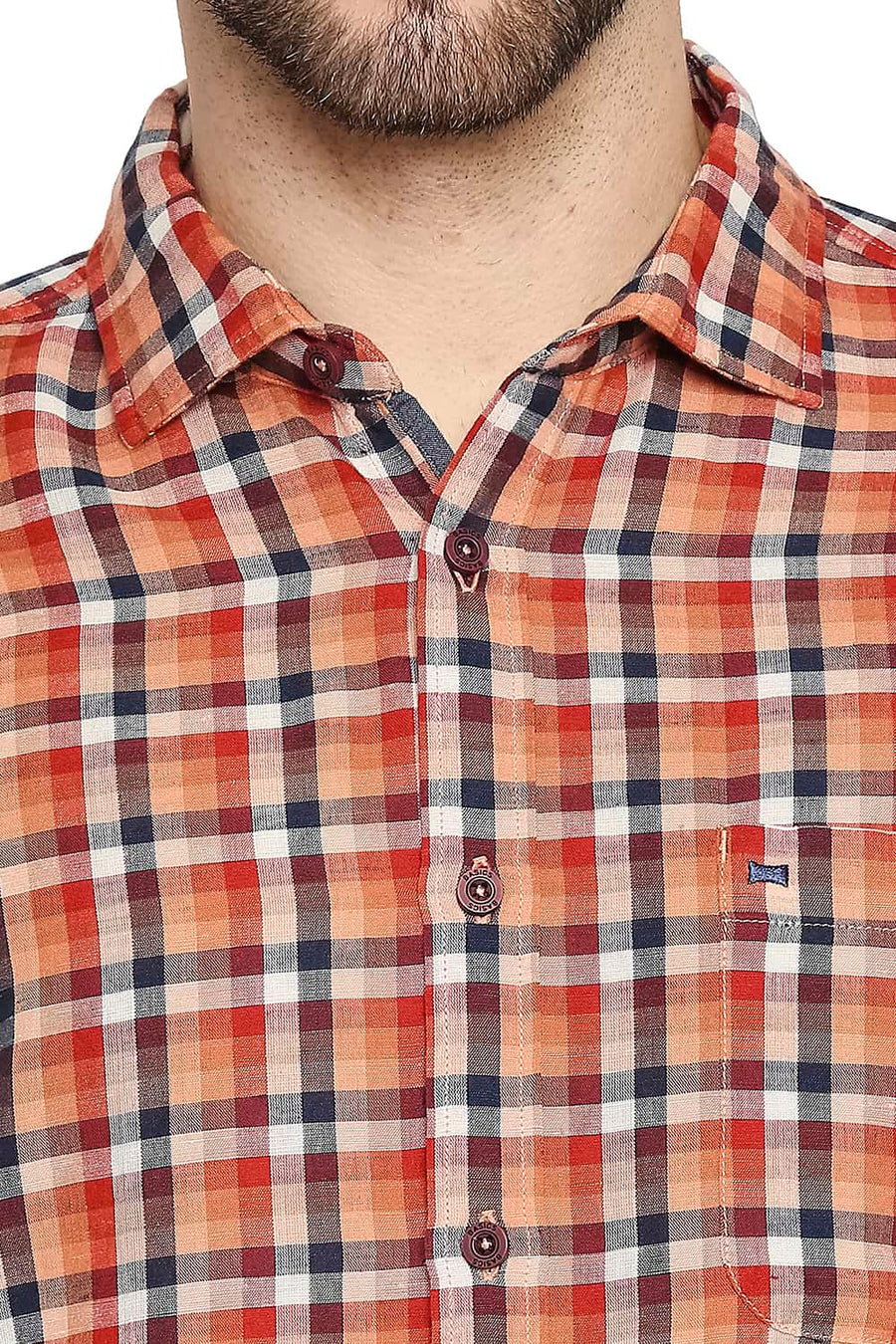 BASICS SLIM FIT CINNAMON ORANGE COTTON LINEN CHECKS SHIRT
