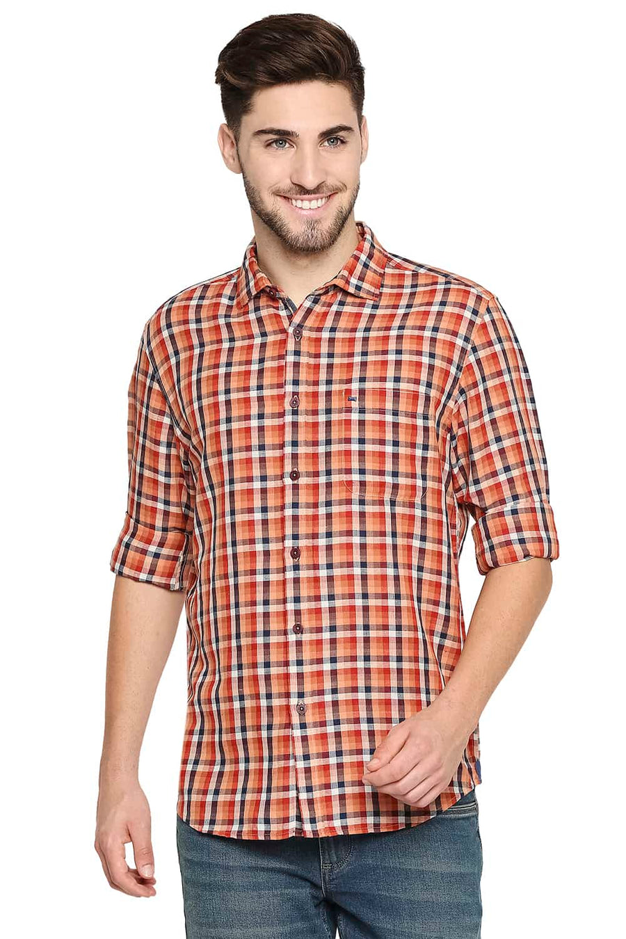 BASICS SLIM FIT CINNAMON ORANGE COTTON LINEN CHECKS SHIRT