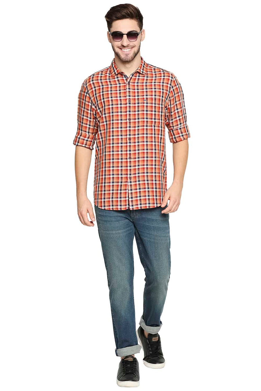 BASICS SLIM FIT CINNAMON ORANGE COTTON LINEN CHECKS SHIRT