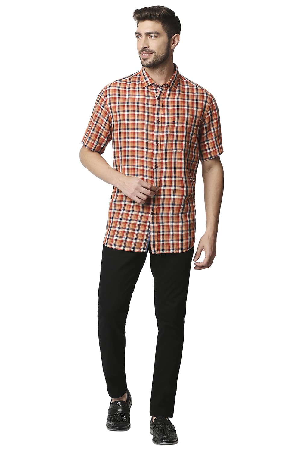 BASICS SLIM FIT COTTON LINEN CHECKS HALFSLEEVES SHIRT